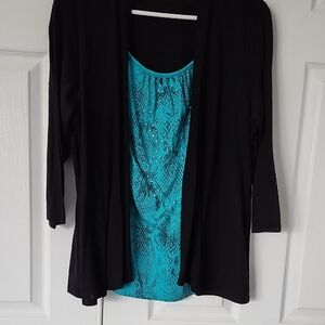 White Stag Black Cardigan with Blue Sequin Blouse